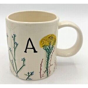 ANTHROPOLOGIE DAGNY HAND PAINTED “ INITIAL A “ MONOGRAM MUG BOTANICAL STONEWARE